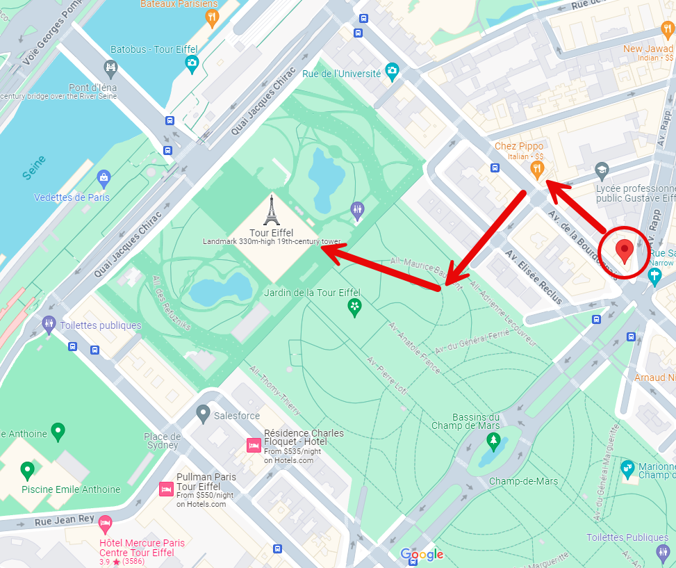 Map of the walk from the Meeting Spot to the Eiffel Tower